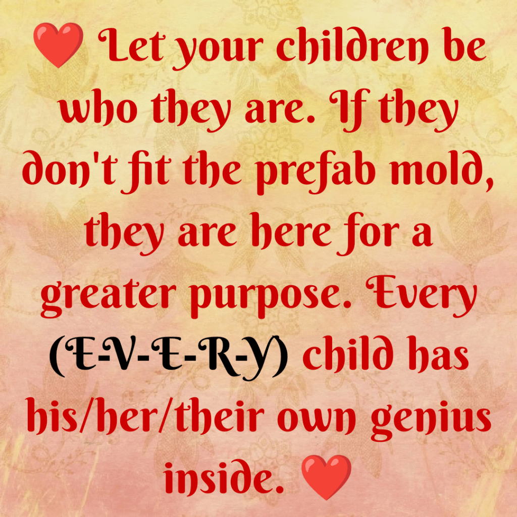 Meme in red and black letters stating "Let your children be who they are. If they don't fit the prefab mold, they are here for a greater purpose. Every child has his/her/their own genius inside."