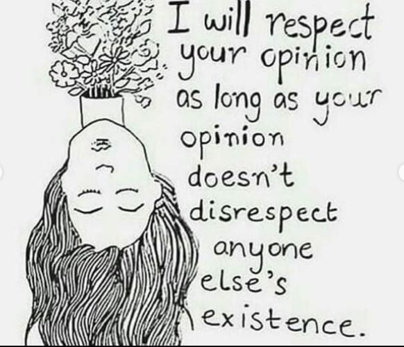 Graphic reads: I will respect your opinion as long as youor opinion doesn't disrespect anyone else's existence. Caption reads: I don't know to whom credit for this belongs. But I totally agree.